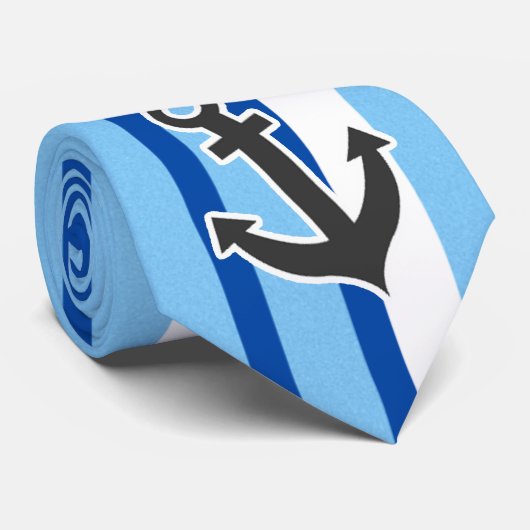 Cravate Ancre nautique ; Rayures bleues et blanches (Roulé)