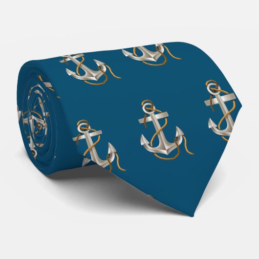 Cravate Ancres nautiques avec corde en bleu (Roulé)