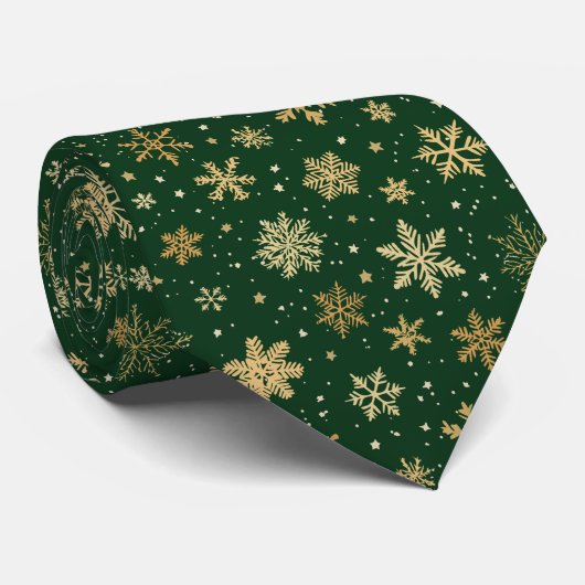 Cravate Anges de Noël en vert avec des flocons d'or (Roulé)