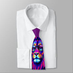 Cravate Animal de fête au néon lion – Graphisme rétro colo