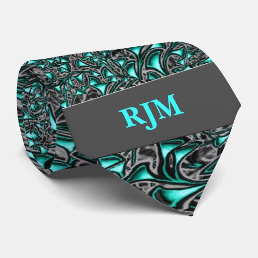 Cravate Aqua Marine et Charcoal Paisley avec Monogramme (Roulé)