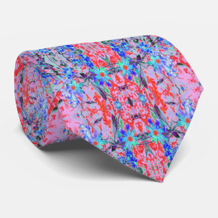 Cravate Aqua psychédélique rétro et fleurs orange