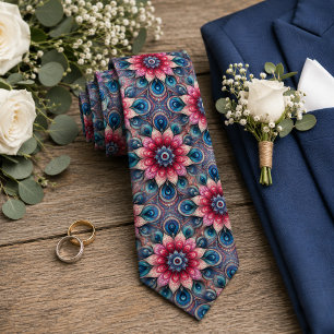 Cravate Aqua Sarcelle Azur Bleu Beige Paisley Motif Artist