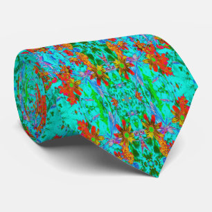 Cravate Aqua Tropical avec Fleurs Jaunes et Orange