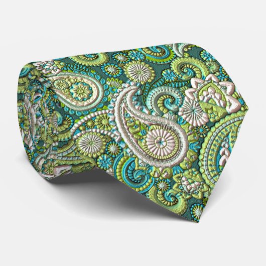 Cravate Aqua Turquoise Vert Citron Motif Paisley Floral (Roulé)