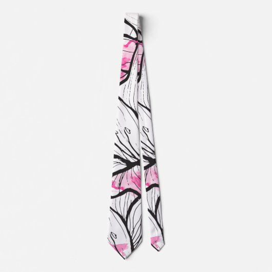 Cravate Aquarelle abstraite noire blanche florale rose (Devant)