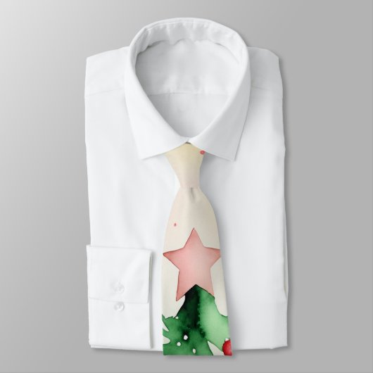 Cravate Aquarelle Arbre de Noël rouge et vert (Attaché)