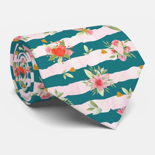 Cravate Aquarelle Bandes Et Fleurs (Roulé)