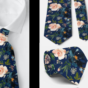 Cravate Aquarelle bleu marine et rose Roses floraux Cou T