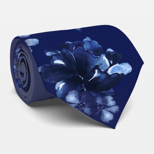 Cravate Aquarelle bleu marine profonde Mariage floral (Roulé)