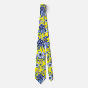 Cravate Aquarelle bleu motif floral B jaune BG