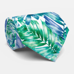 Cravate Aquarelle Bleu Vert Tropical Palmier