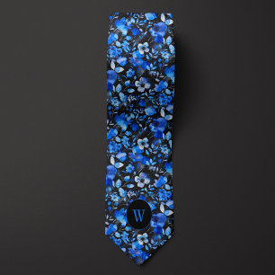 Cravate Aquarelle bleue et noire Monogramme floral