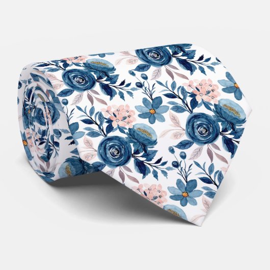 Cravate Aquarelle bleue et rose Motif floral (Roulé)