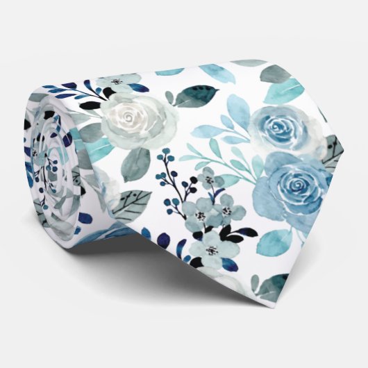 Cravate Aquarelle bleue motif floral sur blanc, Mariage (Roulé)