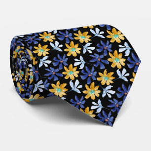 Cravate Aquarelle Blue Gold Flower Botanique