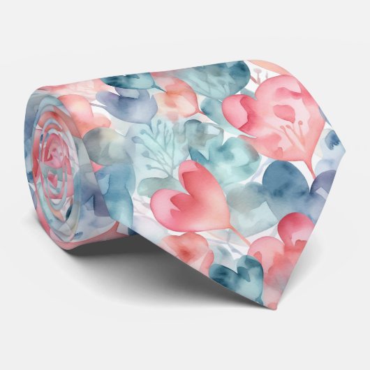 Cravate Aquarelle Coeurs Saint-Valentin (Roulé)