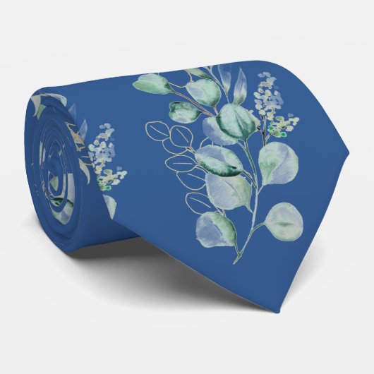 Cravate Aquarelle Eucalyptus Vert Motif Bleu (Roulé)