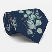 Cravate Aquarelle Eucalyptus Vert Motif bleu marine (Roulé)