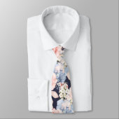 Cravate Aquarelle Fleurs Dusty Bleu Dusty Roses Rose (Attaché)