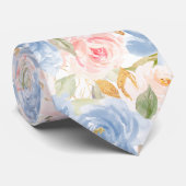 Cravate Aquarelle Fleurs Dusty Bleu Dusty Roses Rose (Roulé)