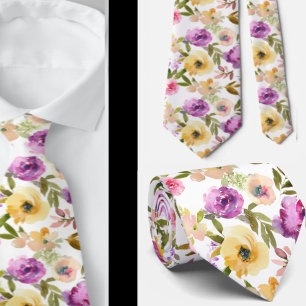 Cravate Aquarelle florale jaune rose violet de printemps 