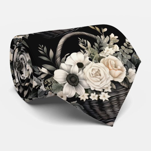 Cravate Aquarelle florale noir et blanc (Roulé)