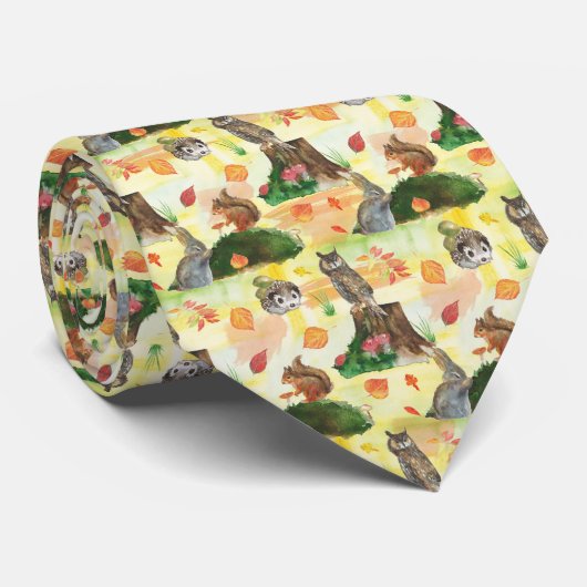 Cravate Aquarelle Lapin, hibou, écureuil, hérisson (Roulé)