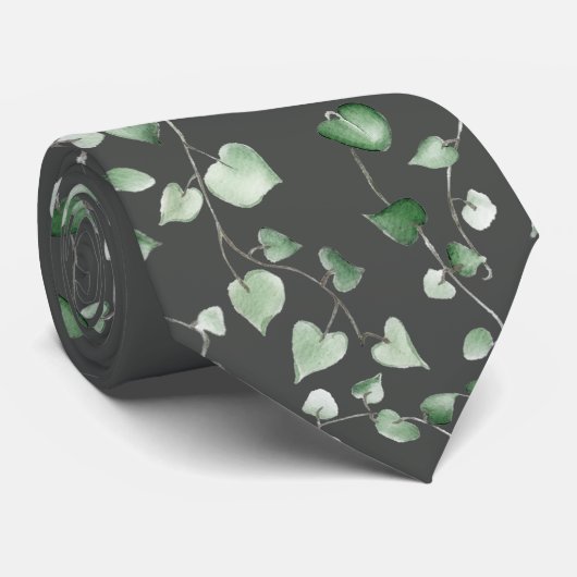 Cravate Aquarelle lierre sur fond vert (Roulé)