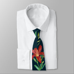Cravate Aquarelle Orange Lily Illustration Turquoise foncé