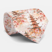 Cravate Aquarelle Pagode chinoise avec fleurs de cerisiers (Roulé)