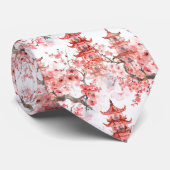Cravate Aquarelle Pagode chinoise avec fleurs de cerisiers (Roulé)