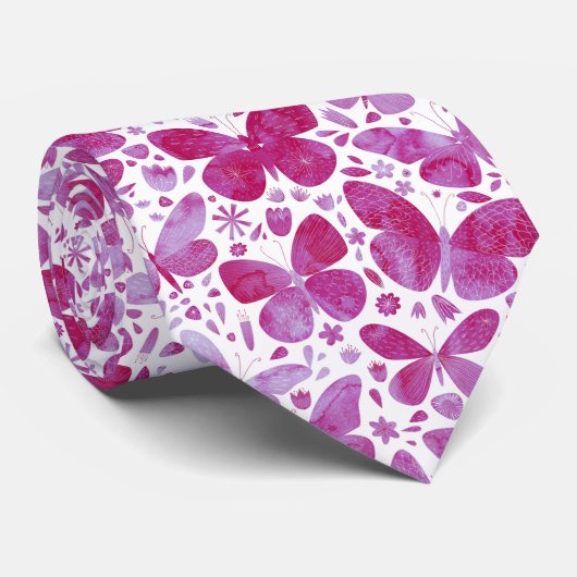 Cravate Aquarelle Papillon rose (Roulé)