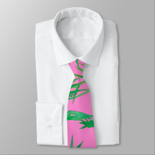 Cravate Aquarelle rose et vert Palm Tree Feuilles