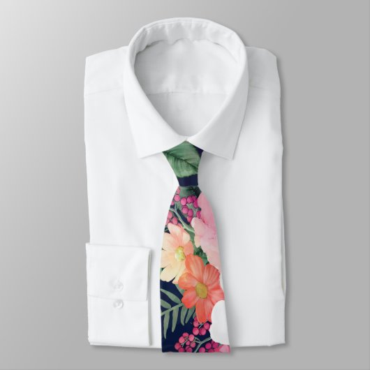 Cravate Aquarelle rose Fleurs Design bleu (Attaché)