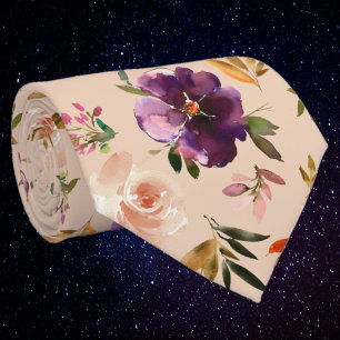 Cravate Aquarelle rose pourpre et bleu Rose cou