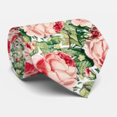 Cravate Aquarelle Rose & Rose Rouge Fleurs & Feuilles vert (Roulé)