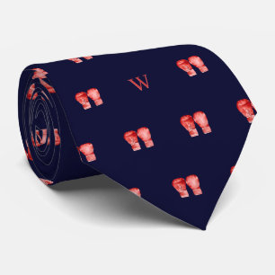 Cravate Aquarelle Rouge Gants de boxe Monogramme bleu init