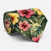 Cravate Aquarelle tropicale Feuilles de bananes et Hibiscu (Roulé)