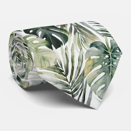 Cravate Aquarelle Vert Forêt tropicale Feuille Motif (Roulé)