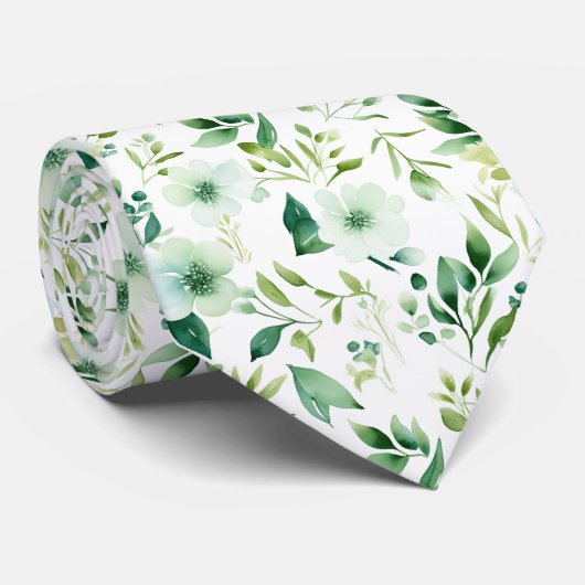 Cravate Aquarelle verte motif floral (Roulé)