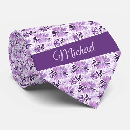 Cravate Aquarelle violet monogramme botanique (Roulé)