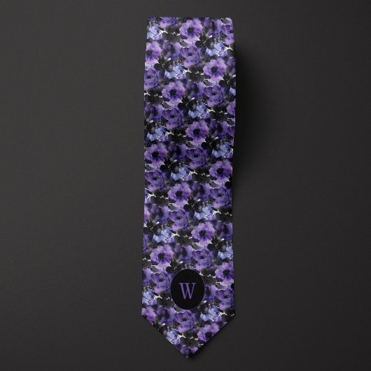 Cravate Aquarelle violette et noire Monogramme floral