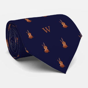 Cravate Aquarelle Violon Monogramme initial Minuit Bleu