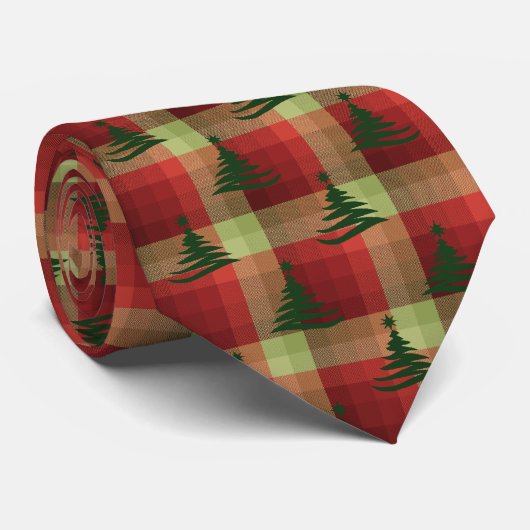 Cravate Arbre de Noël Plaid Rouge à deux côtés (Roulé)