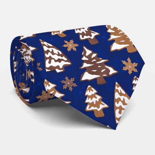 Cravate Arbre pain d'épice biscuits Noël bleu (Roulé)