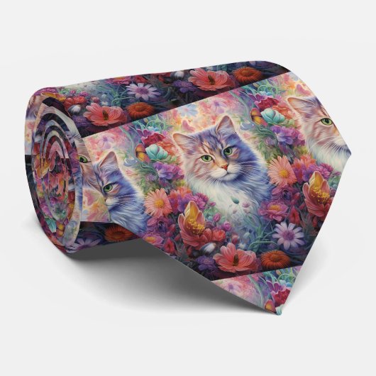 Cravate Arc-en-ciel Fleurs de chats Boho (Roulé)