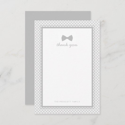 Cravate arc gris en vichy baby shower merci note (Devant / Derrière)