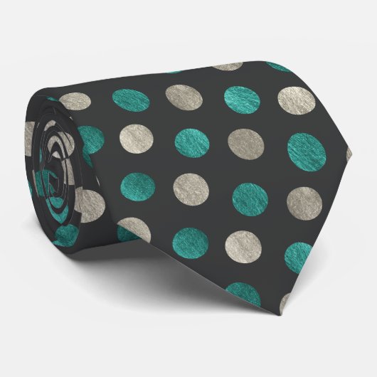 Cravate Argent et Pot Polka Turquoise Gris Charbon Personn (Roulé)