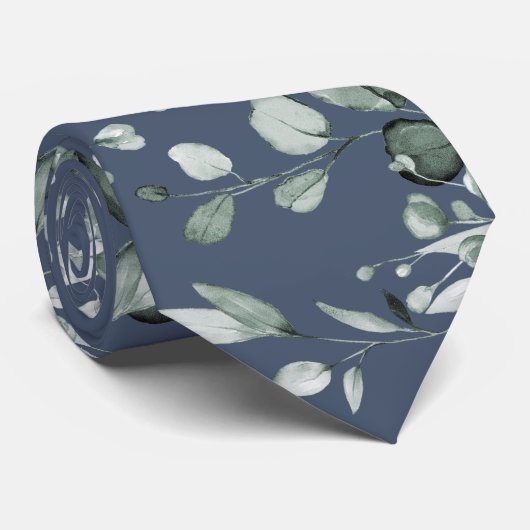 Cravate Argent Sage Eucalyptus Vert Mariage Marine Bleu (Roulé)